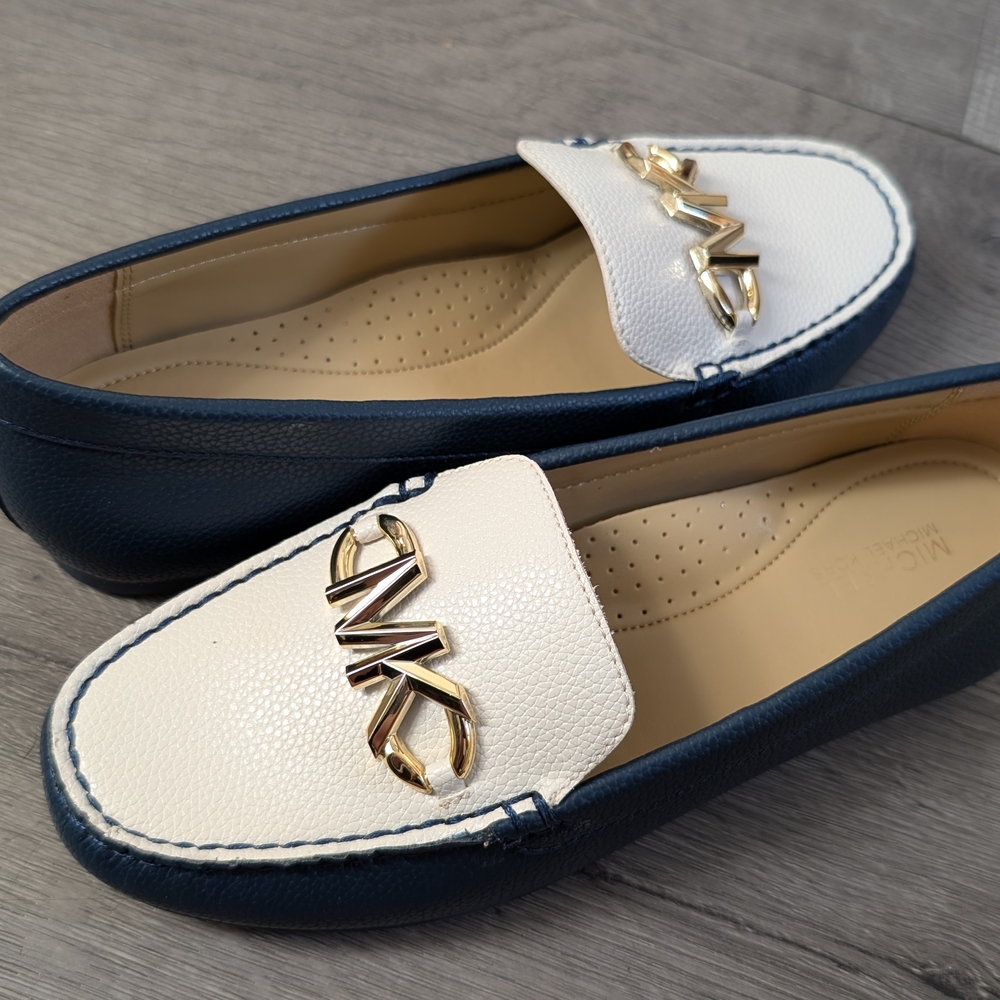 Michael Kors Navy and White Loafers with Gold Accent